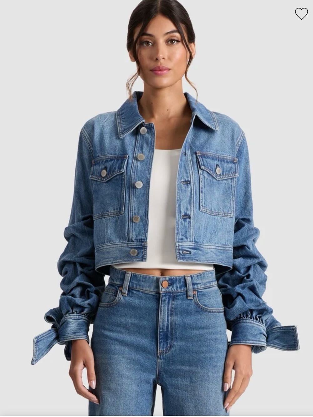 Alice + Olivia NEW Tiff Cropped Denim Jacket Ruched sleeves NWT Med retail $395